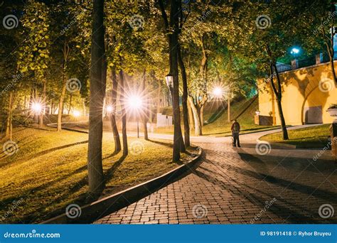 Gomel Homiel Belarus Lighted Walkways Or Roads Greenwood At Night