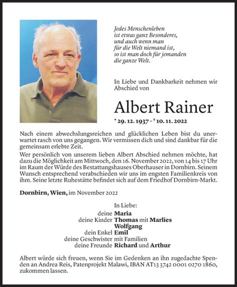 Todesanzeigen Von Albert Rainer Todesanzeigen Vorarlberger Nachrichten