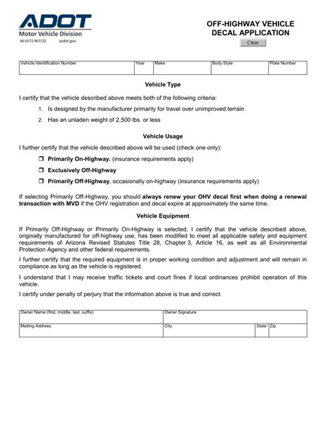 Form 96 0572 Download Fillable Pdf Or Fill Online Off Highway Vehicle Decal Application Arizona