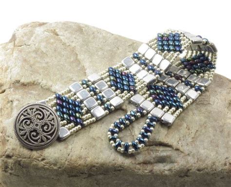 SUPERDUO CZECHMATE TILE Bracelet Silver Tiles Metallic Blue Iris Super