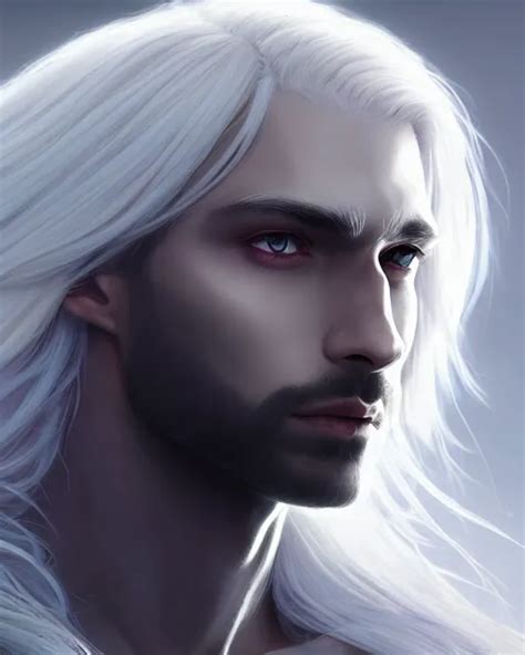 Portrait Beautiful Male Drow Long Wavy White Hair Stable Diffusion