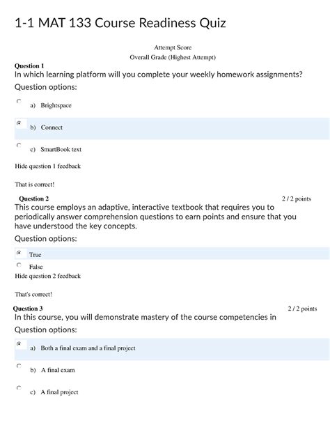 1 1 MAT 133 Course Readiness Quiz Question Options True False Hide