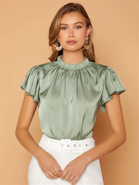 Shein Unity Frill Trim Keyhole Back Blouse Womens Tops Dressy Short Sleeve Tops Outfits