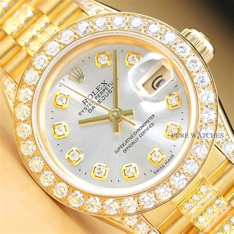 Rolex Ladies President 18k Yellow Gold Diamond Band Diamond Bezel And Lugs Watch Ebay