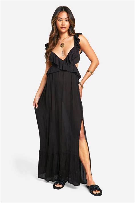 Cheesecloth Ruffle Plunge Maxi Dress Boohoo Uk