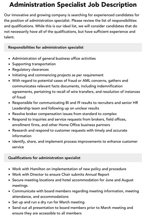 Administration Specialist Job Description Velvet Jobs