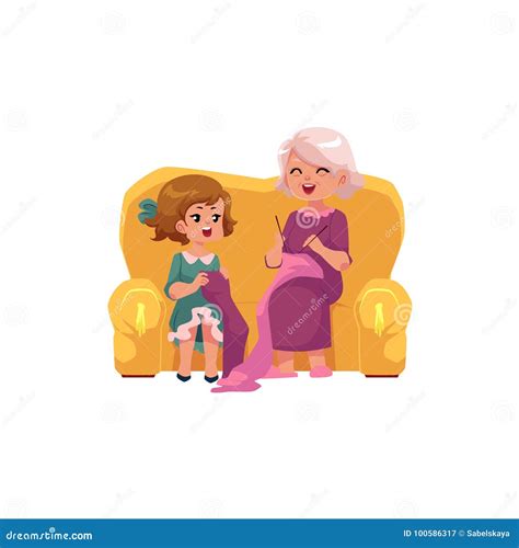 Abuela Que Ense A A Su Nieta A Hacer Punto Ilustraci N Del Vector