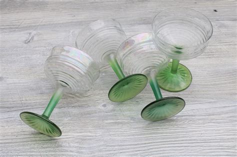 1930s Vintage Anchor Hocking Circle Pattern Stemware Iridized Green Stem Champagne Glasses