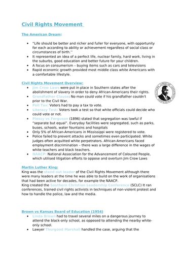 Civil Rights Movement Summary Notes Ks3 Teaching Resources