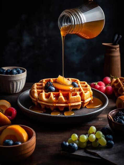 Honey Or Caramel Pouring From Jar On A Freshmade Waffles With