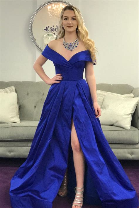 Elegant Off The Shoulder Royal Blue Long Prom Dress With Side Slit A