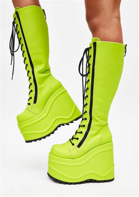 Demonia X Dolls Kill Reflective Knee High Wedge Platform Boots Neon