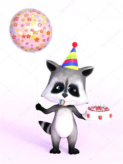 3d Rendering Of A Cute Cartoon Raccoon Holding Cake And Balloon