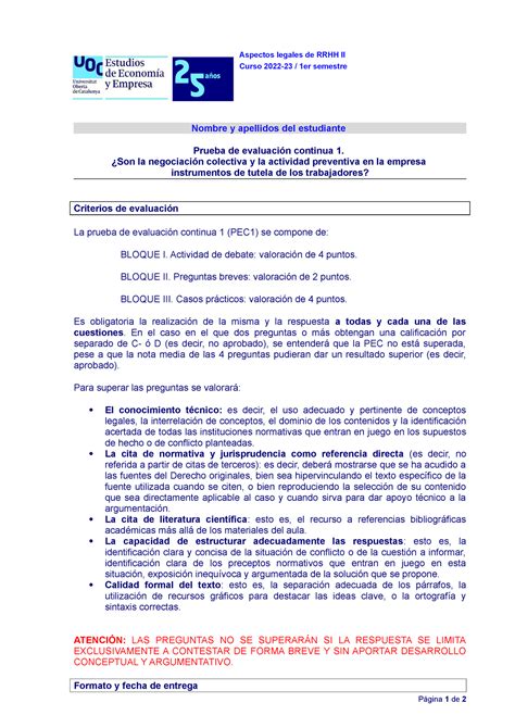 PEC 1 Aspectos Legales RRHH II Aspectos Legales De RRHH II Curso 2022