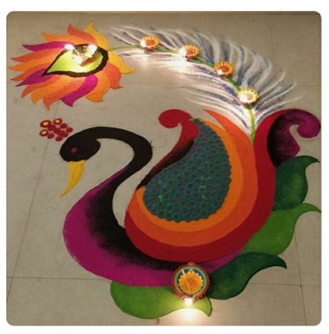 Colorful Rangoli Design with Peacock and Flowers