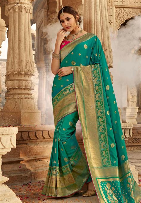 Teal Silk Saree With Blouse 13337 Party Wear Sarees Saree Designs