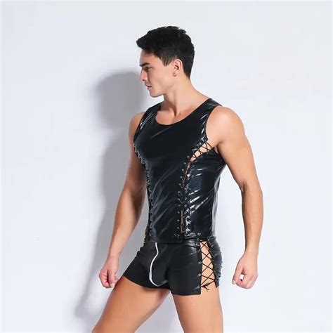 Cfyh Faux Leather Vest Men Tops Hip Hop Summer Bandage Vest Men Sexy Fitness Vest Male Tees