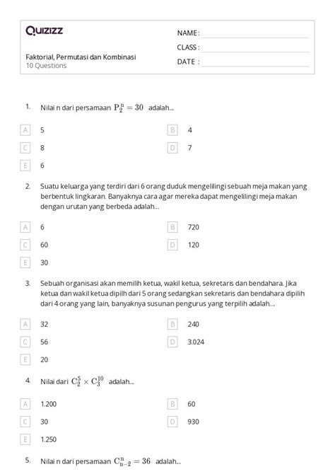 Lembar Kerja Permutasi Dan Kombinasi Untuk Kelas Di Quizizz