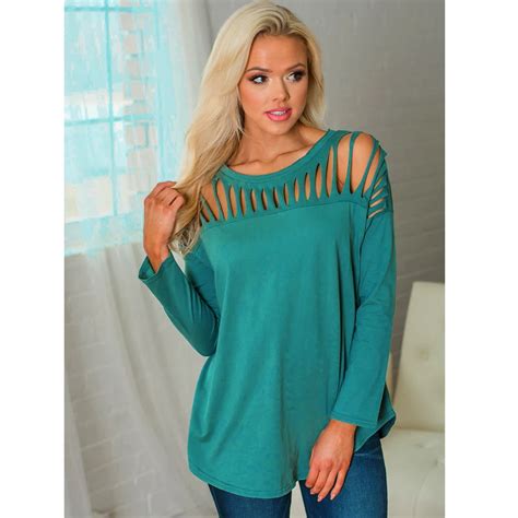 Sexy Women T Shirt Hollow Out Cut Out Long Sleeves Irregular Hem O Neck