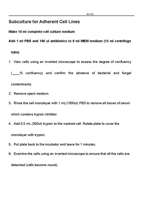 Cell Culture Protocol W2019 - BIO 310 Subculture for Adherent Cell ...