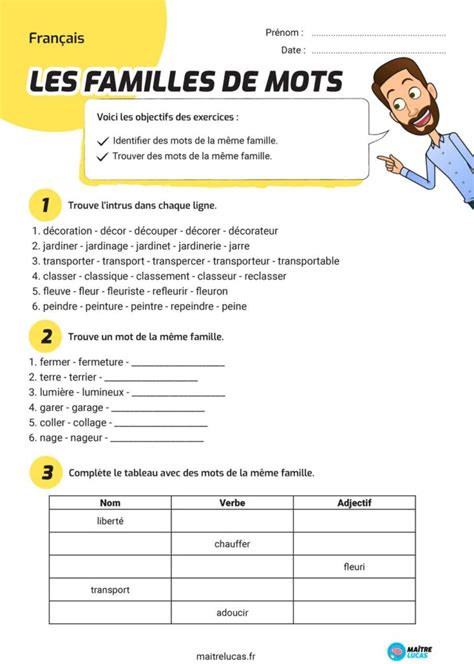 Exercices les familles de mots Maître Lucas