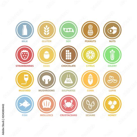 Food allergens white circle vector signs in colorful labels. Food ...