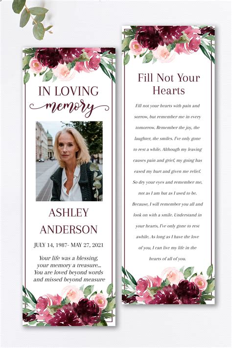 Red Roses Funeral Bookmark Template Celebration Of Life Bookmark