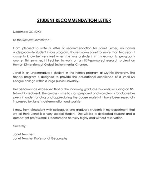 Recommendation Letter For Student From Teacher