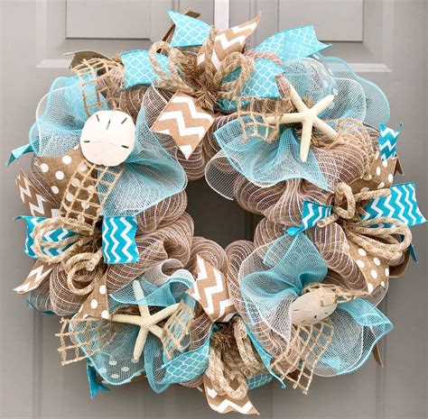 24 Blue Burlap Deco Mesh Wreath With Seashells Etsy Deco Mesh