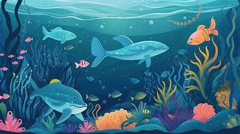 Underwater Marine Fauna Illustration With Colorful Tropical Fish Fishes ...