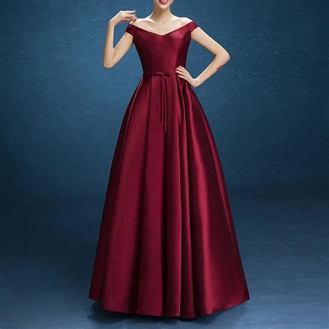 Burgundy Satin V Neck Off The Shoulder Prom Dresses With Pockets On Luulla