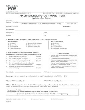 Fillable Online 32ndpta Pta Unitcouncil Spotlight Award Form The