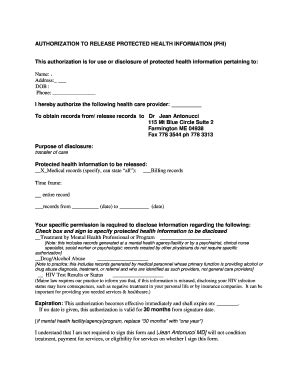 Fillable Online AUTHORIZATION TO RELEASE PROTECTED HEALTH INFORMATION