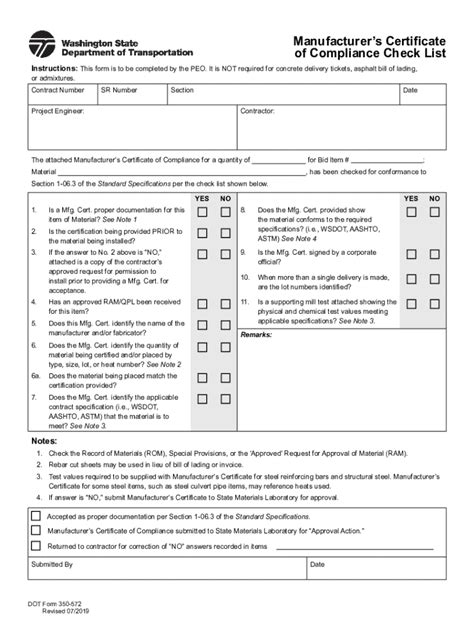 Fillable Online Wsdot Wa Dot Form Manufacturer S Certificate Of