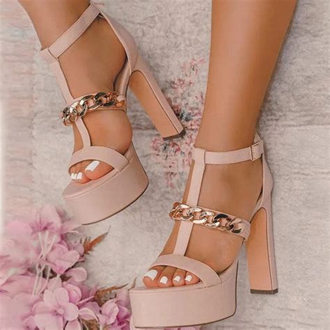 High Heel Sandals Metallic Buckle Nude Platform Strally Shoes Vdcoo