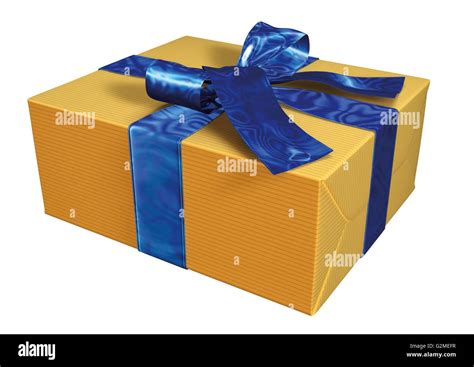 Yellow present with blue ribbon Stock Photo - Alamy