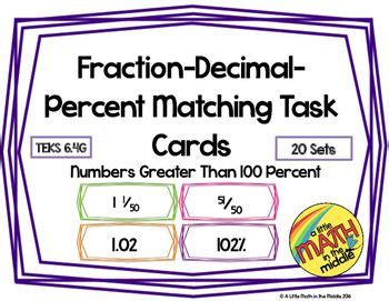 Fraction Decimal Percent Matching Task Cards Teks G Fractions