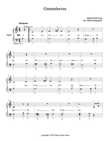 Greensleeves Very Easy Piano Sheet Music Galaxy Music Notes