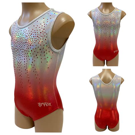 Red Shiny Foil Mystique Ombre Rhinestones Leotard Gymnastics Dance