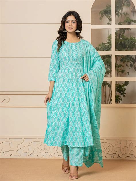 Turquoise Embroidered Pure Cotton Anarkali Kurta Trouser With Dupatta