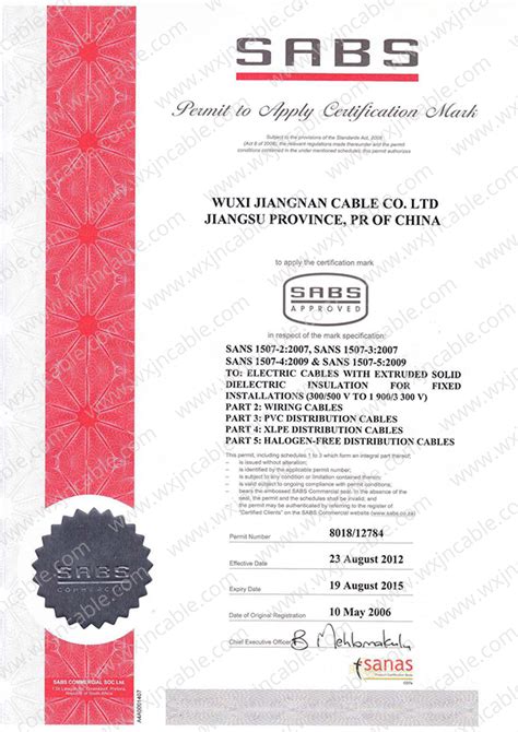 Sabs Certificate Jiangnan Cable