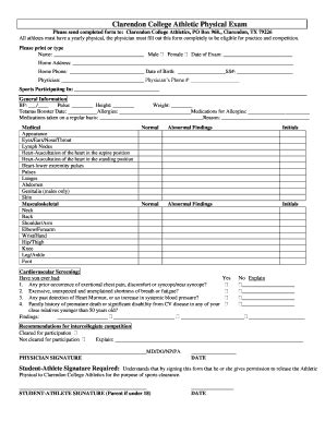 Fillable Online Athletics Clarendoncollege Physical Examination Form