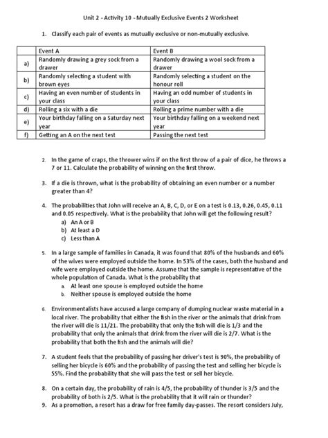 Mutually Exclusive And Mutually Inclusive Events Worksheet For Th