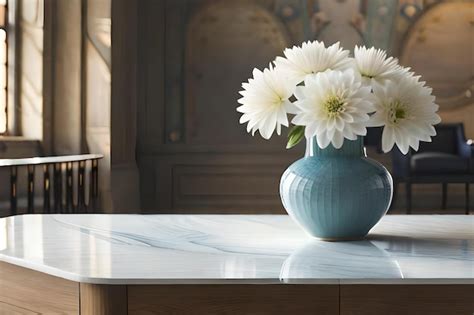 Un jarrón azul con flores blancas sobre una mesa y una silla con mantel