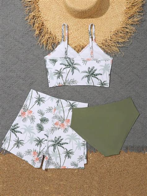 Girls Tropical Print Bikini Swimsuit With Beach Shorts Shein Usa