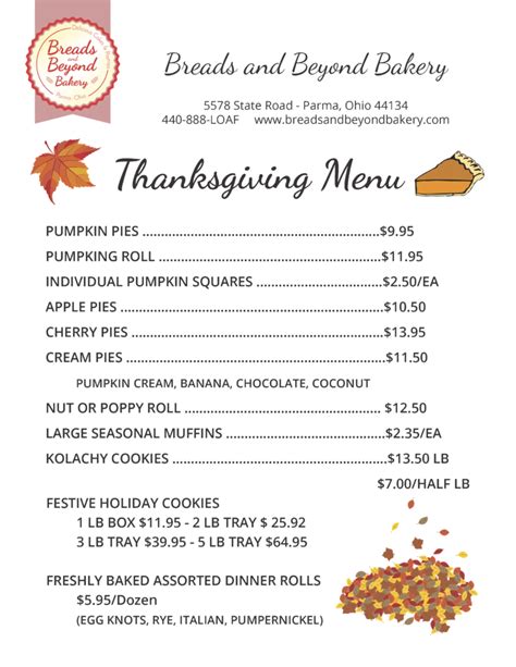 Thanksgiving Menu Breads And Beyond Bakery