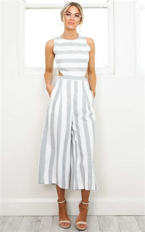 Out Dream Yourself Jumpsuit In Grey Stripe Linen Look Vestiti Per Le