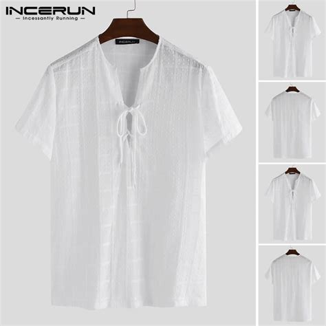 Incerun Mens Fashion V Neck Shirt Slim Short Sleeve Shirts Man Steam