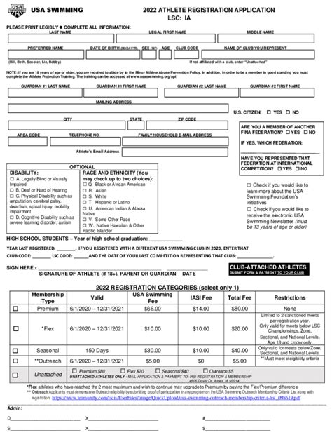 Fillable Online Usa Swimming 2022 Athlete Registration Application Lsc