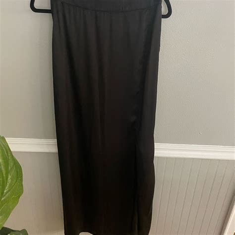 Naked Wardrobe Black Satin Maxi Skirt With Side Slit Gem